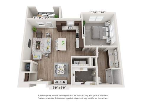 Floor plan for 1 bed, 1 bath, 886 sqft